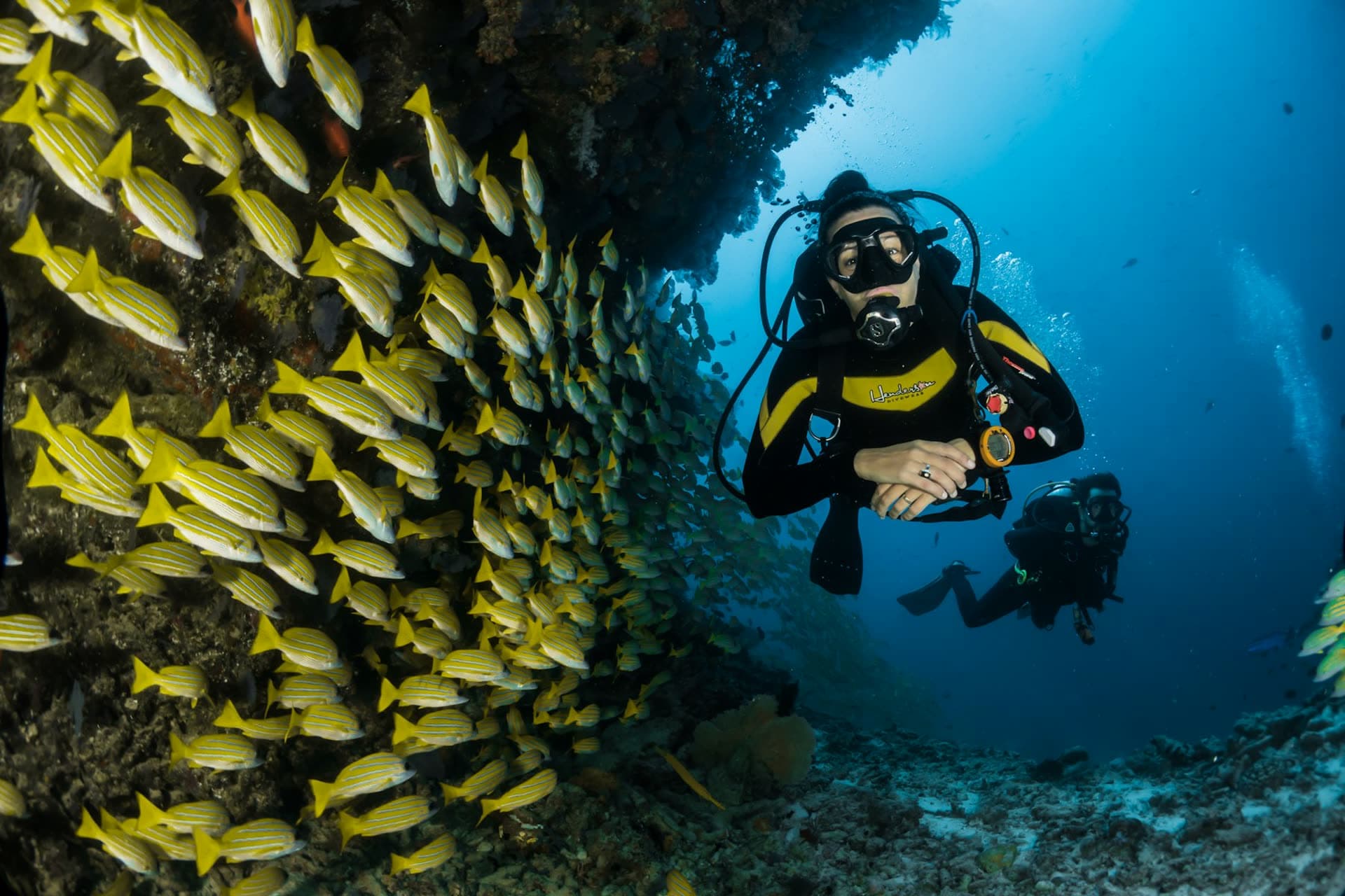 Snorkeller in clear tropical water over coral
